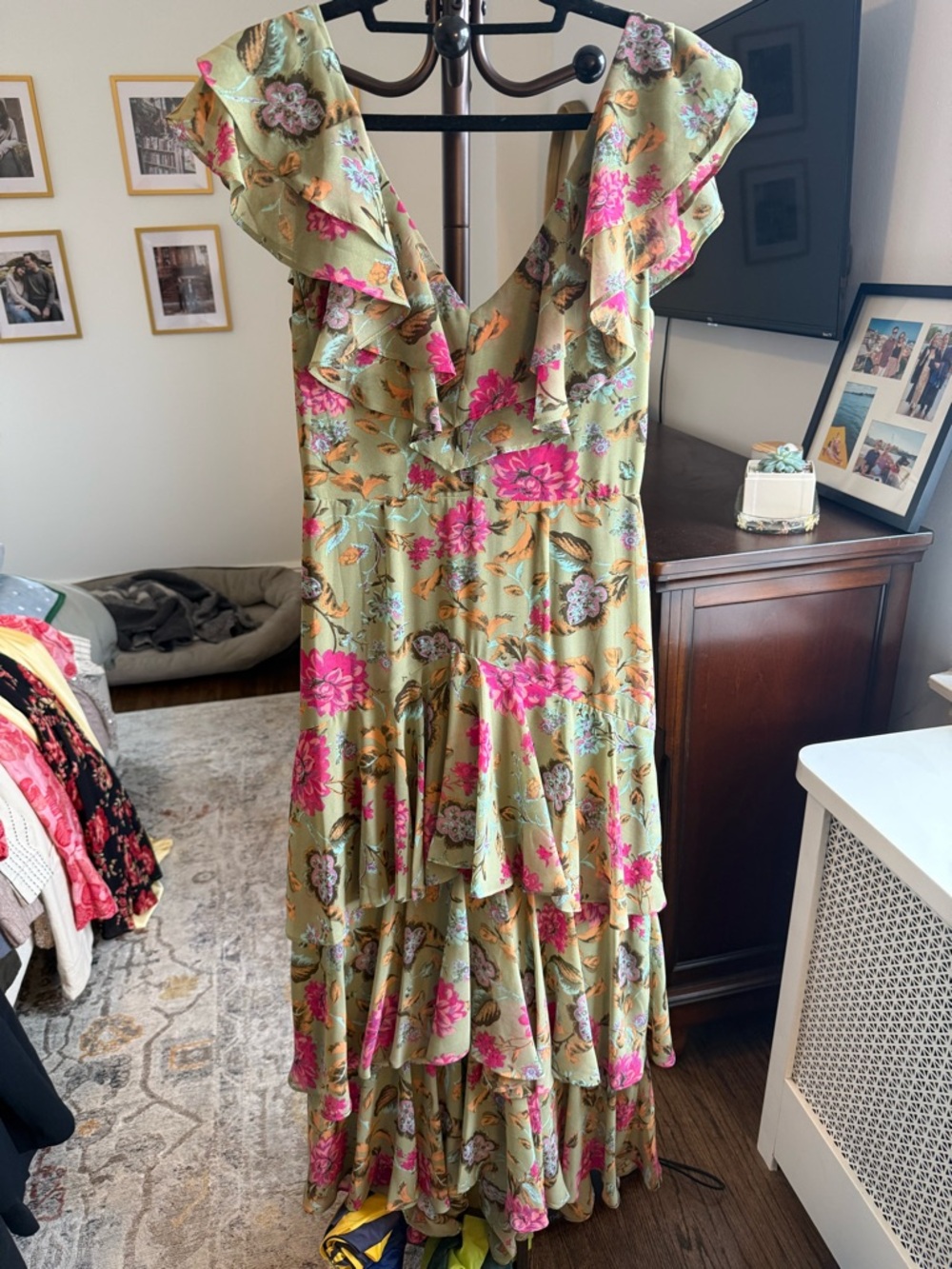 Wayf Floral Ruffle Tiered Maxi Dress in Sage and Pink